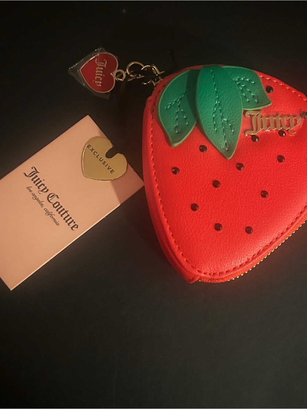 Juicy Couture Red Strawberry Coin Pouch with Green Leaf Charm